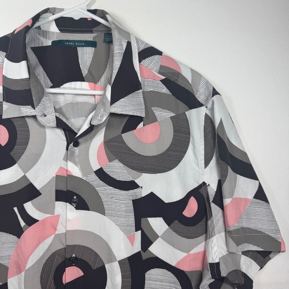 Perry Ellis Mens XXL Lyocell Geometric Circle Print Short Sleeve Button Shirt